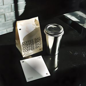 Cafe Coffee Bags mockup in a realistic cafe scene with editable PSD layers, perfect for branding design