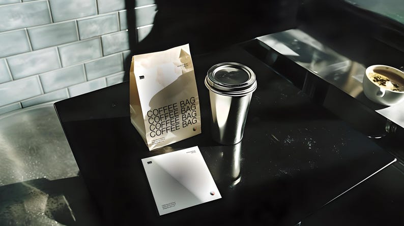 Cafe Coffee Bags mockup in a realistic cafe scene with editable PSD layers, perfect for branding design