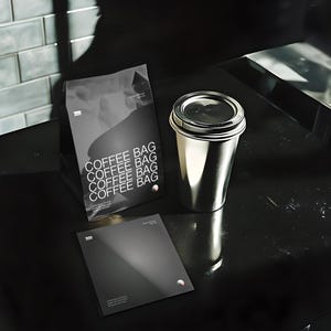 Cafe Coffee Bags mockup in a realistic cafe scene with editable PSD layers, perfect for branding design