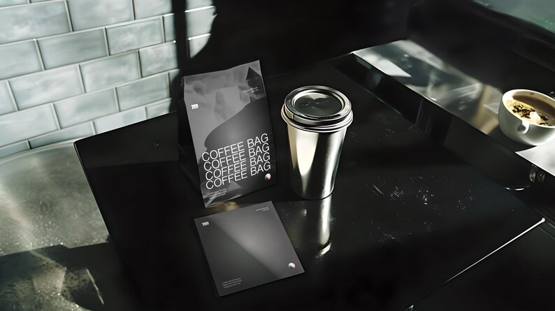 Cafe Coffee Bags mockup in a realistic cafe scene with editable PSD layers, perfect for branding design