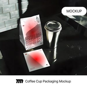 Cafe Coffee Bags mockup in a realistic cafe scene with editable PSD layers, perfect for branding design