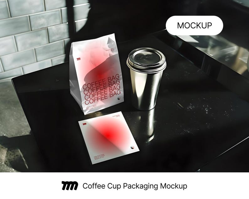 Cafe Coffee Bags mockup in a realistic cafe scene with editable PSD layers, perfect for branding design