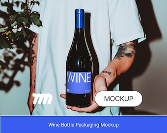 Maqueta de empaque de botella de vino para cena, nuevo diseño estético / Alta resolución 4000 px PSD / Maqueta de diseño de botella de vino realista / En capas