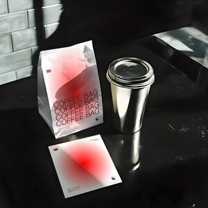 Cafe Coffee Bags mockup in a realistic cafe scene with editable PSD layers, perfect for branding design