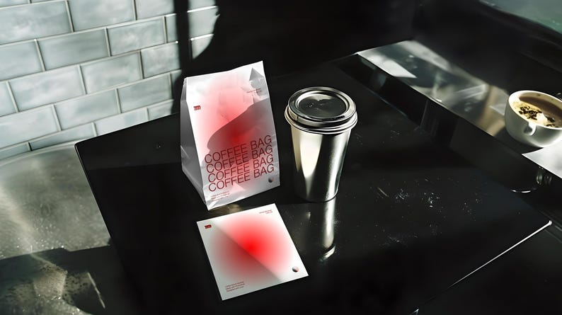 Cafe Coffee Bags mockup in a realistic cafe scene with editable PSD layers, perfect for branding design