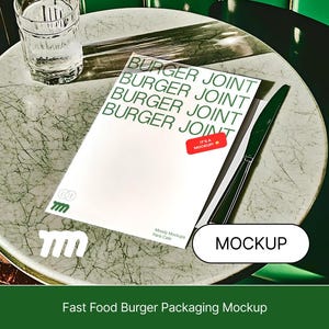 Maqueta de empaque de menú de comida rápida para diseño de marca / PSD de alta resolución de 4000 px / Estética de maqueta de hamburguesa realista / En capas