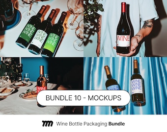 PAQUETE - 10 maquetas de botellas de vino - Diseño estético / PSD de alta resolución de 4000 px / Maqueta de diseño de botella de vino realista / En capas