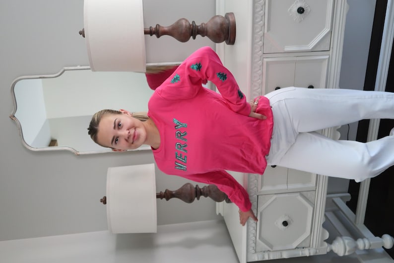 Hot Pink and Green Sequins Embellished Merry Christmas Sweatshirt Etsy