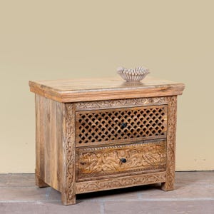 White Wash Carved Wood Nightstand, Boho Bedside Tables, Handcrafted Floral Carved End Tables, Rustic Farmhouse Bedroom Furniture