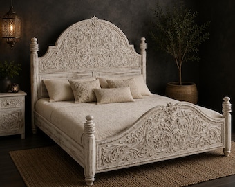 White Wash Hand Carved Wooden Bed, Solid Wood Platform Bed, Farmhouse Bed Frame, Boho Bedroom Furniture, King Queen Full Twin Bed