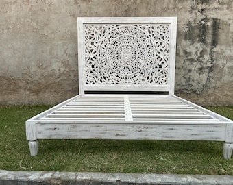 Hand Carved Wooden Bed Frame King | Solid Wood Rustic Bed | Vintage Indian Bedroom Furniture | Handmade bed