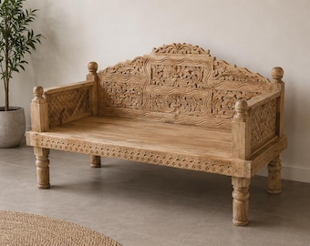 Hand Carved Wooden Bench | Indian Daybed Bench | Solid Wood Entryway Bench | Rustic Farmhouse Seating | Boho Living Room Furniture