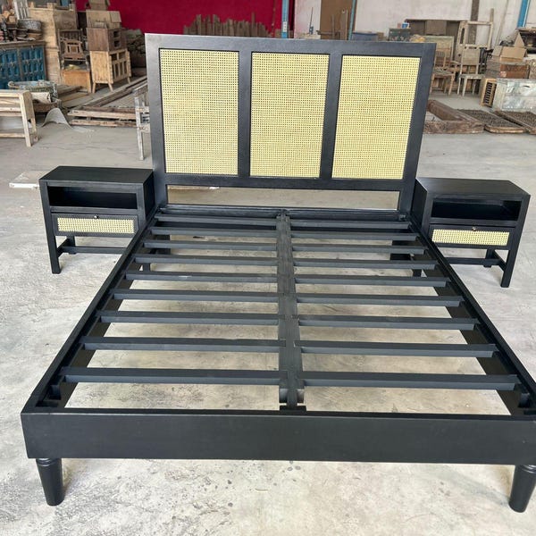 Solid Wood Rattan Bed Frame / Boho Style King & Queen Handcrafted in India / Natural Rattan Bed without Bedside Cabinet