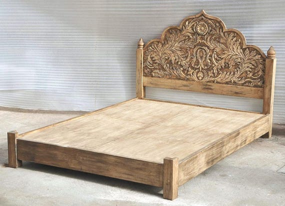 Hand Carved Wooden Bed Frame | Solid Wood Platform Bed | Boho Bedroom Furniture | Rustic Farmhouse Bed | Handmade Indian Bed