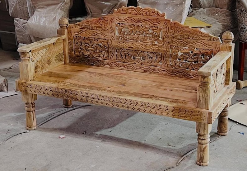Hand Carved Wooden Bench | Indian Daybed Bench | Solid Wood Entryway ...