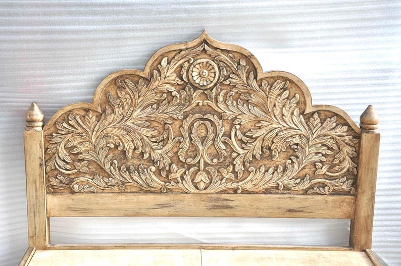 Hand Carved Wooden Bed Frame | Solid Wood Platform Bed | Boho Bedroom Furniture | Rustic Farmhouse Bed | Handmade Indian bed image 3