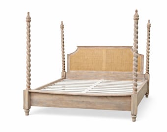 Hand Carved Wooden Four Poster Bed with Cane Headboard | Rustic Solid Wood Bed Frame | Boho Vintage Bedroom Furniture