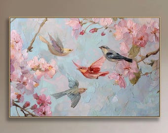 Cherry Blossom Bird Oil Painting Colorful Spring Floral Wall Art Textured Nature Canvas Romantic Hand Painted Artwork Elegant Bedroom Decor