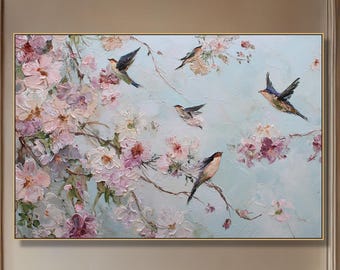 Spring Blossom Bird Oil Painting On Canvas Textured Floral Wall Art Romantic Cherry Blossom  Hand Painted Nature Artwork Elegant Home Decor