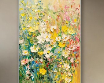 Kleurrijke wilde bloemen olieverfschilderij op canvas getextureerde bloemen muur kunst grote lente weide muur kunst impressionistische bloei woonkamer tuinkunst