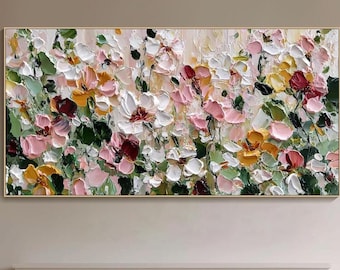 May include: A large, rectangular floral painting with a gold frame. The artwork features a textured impasto style, showcasing a field of flowers in shades of pink, white, yellow, and green. The painting hangs above a fireplace.