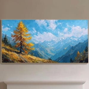 Blue Abstract Meadow Impasto Textured Wall Art Sky Mountain Landscape Oil Painting On Canvas Tree Scenery Art Large Living Room Wall Decor