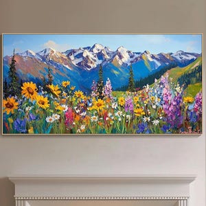 Mountain Wildflower Oil Painting On Canvas Colorful Landscape Textured Wall Art Floral Meadow Snowy Peak Painting Vibrant Bedroom Wall Decor