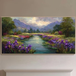 Pintura de paisaje de campo de flores silvestres sobre lienzo, puesta de sol, escena de montaña, arte de pared texturizado, obra de arte de prado, naturaleza campestre, decoración pacífica
