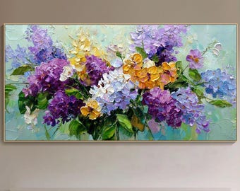 Origineel bloemenolieverfschilderij kleurrijke bloem getextureerde muurkunst romantisch botanisch horizontaal bloeiende tuin muur kunst Cottagecore Home Decor