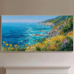 Coastal Landscape Oil Painting On Canvas Mediterranean Sea Cliff Textured Wall Art Floral Ocean View ImpastoWall Art, Colorful Nature Decor