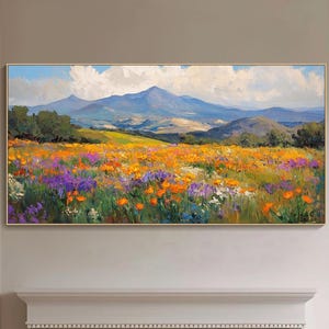 Pintura al óleo de paisaje de campo de flores silvestres, prado de montaña colorido, arte de pared texturizado, naturaleza floral, arte de pared de floración primaveral, decoración de cabaña grande