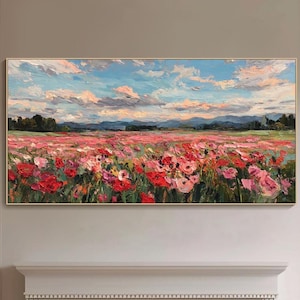 Arte de pared texturizado de prado de montaña colorido, paisaje de campo de flores silvestres, pintura al óleo, arte de pared floral, naturaleza, floración, decoración de pared grande para sala de estar