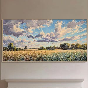 Pintura al óleo de paisaje de campo grande sobre lienzo, arte mural floral texturizado original, arte mural moderno enmarcado colorido 3D, decoración natural para sala de estar