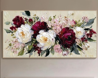 3D Neutral Floral Textured Wall Art Elegant White Flower Oil Painting On Canvas Impasto Oversize Botanical Wall Art Modern Living Room Decor