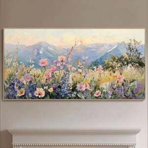 Panoramic Wildflower Meadow Painting Mountain Landscape Textured Wall Art Pink Floral Oil Painting Romantic Nature Artwork Living Room Decor