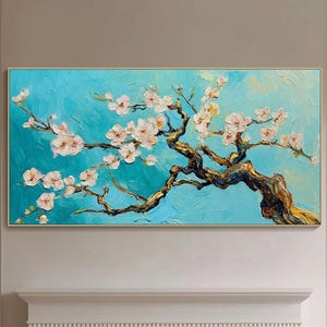 キャンバスに描かれた桜の木の油絵。厚みのある質感。ねじれた枝の桜の壁アート。春の花柄。アジア風アート。リビングルームの装飾。