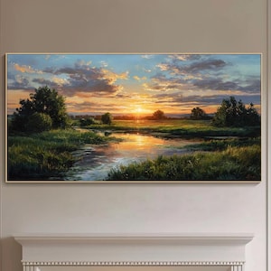 Sunset River Landscape Oil Painting On Canvas Evening Meadow Impasto Textured Wall Art Reflections Golden Nature Scene Art Living Room Decor