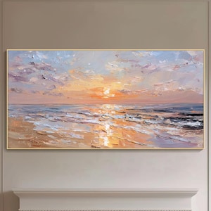 Pink Sunset Seascape Oil Painting on Canvas Ocean Waves Heavy Texture Wall Art Modern Coastal Art Impressionist Beach Decor Large Wall Art