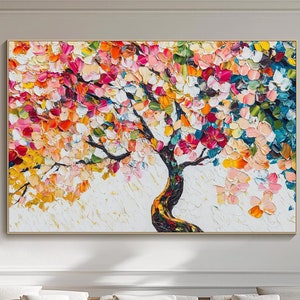 Vibrant Abstract Tree Painting On Canvas 3D Textured Floral Wall Art Colorful Handmade Artwork Unique Home Decor Large Living Room Decor
