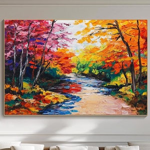 Vibrant Autumn Forest Painting On Canvas 3D Textured Fall Forest Wall Art Warm Colorful Seasonal Painting Large Living Room Wall Decor