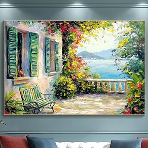 May include: A painting of a green bench on a patio overlooking a blue sea with a view of mountains in the distance. The patio is surrounded by lush green plants and flowers.