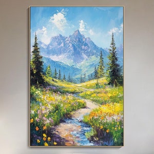 Mountain Wildflower Textured Wall Art Painting on Canvas Snow-Capped Peaks Art Extra Large Living Room Canvas Art Nature-Inspired Decor