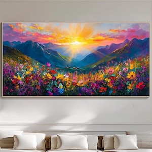 Original Oil Painting On Canvas Mountain Painting 3D Textured Wall Art Vibrant Sunrise Landscape Canvas Art Extra Large Living Room Wall Art