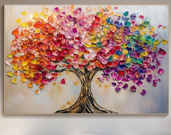 Colorful Abstract Tree Painting On Canvas 3D Textured Rainbow Petal Tree Wall Art Bright and Cheerful Art Work Large Living Room Decor