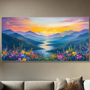 Colorful Mountain Painting On Canvas 3D Texture Wildflower Wall Art Vibrant Sunset Over River Scene Nature Inspired Art Living Room Decor