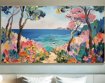 Colorful 3D Textured Wall Art Original Mediterranean Seascape Painting on Canvas Colorful Coastal Wall Art Beach House Decor Matisse Style