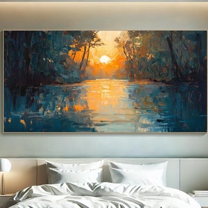 Sunset River Painting on Canvas 3D Abstract Textured Wall Art Vibrant ...