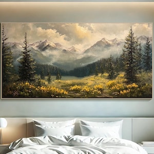 3D Texture Wall Art Vibrant Mountain Painting On Canvas Abstract Nature ArtWork Floral Meadow Painting Large Canvas Art for Living Room