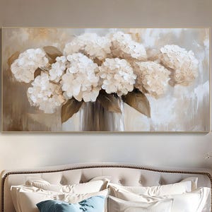 Large Textured Floral Oil Painting on Canvas Original White Flower Framed Wall Art Modern Impasto Home Decor Beige and White Floral Painting