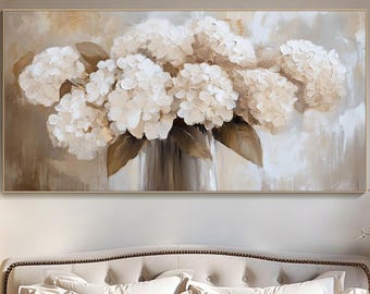 Große strukturierte Blumen Ölgemälde auf Leinwand Original weiße Blume gerahmt Wand Kunst moderne Impasto Wohnkultur beige und weiße Blumenmalerei